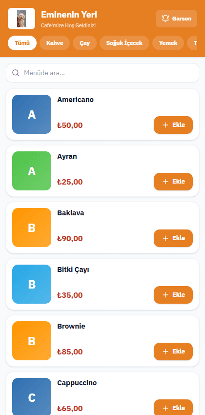 ONPOS QR Menü — gerçek mobil menü ekranı